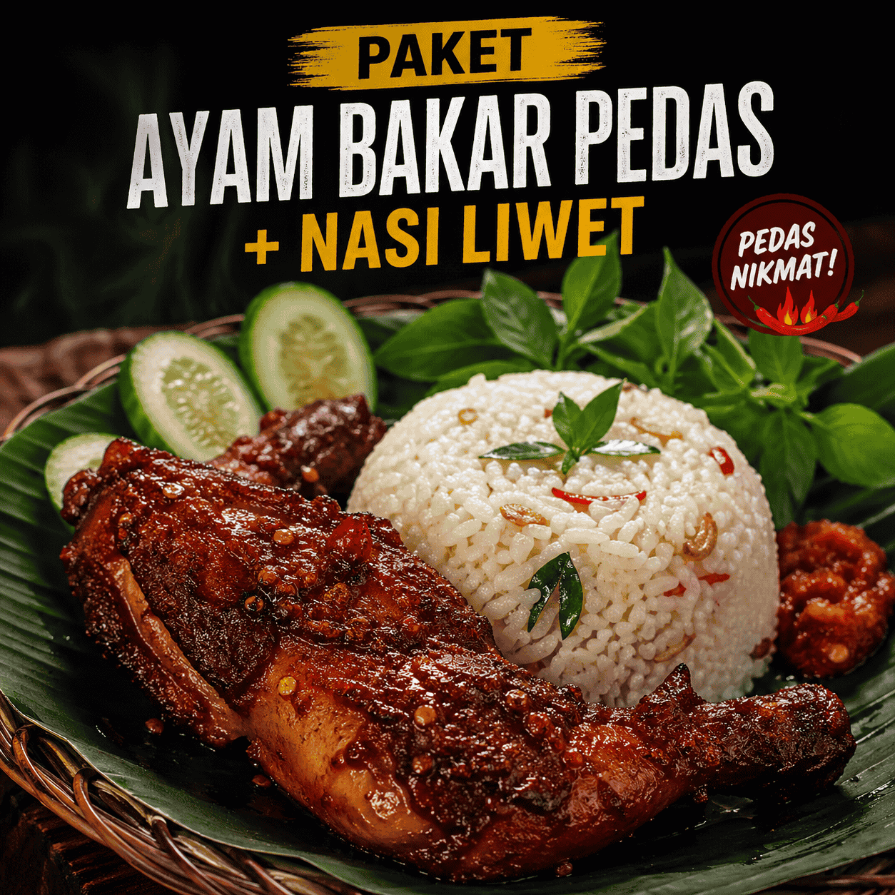 Paket Ayam Bakar Pedas dengan nasi liwet, lalap, sambal, tahu, dan tempe